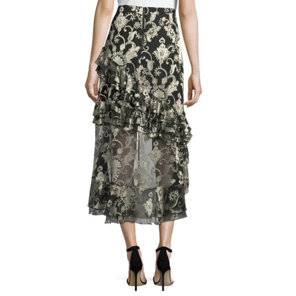 Alice + Olivia Womens Sasha Asymmetric Tiered Ruffled Skirt Gray Floral 10